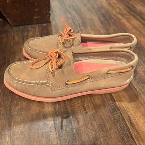 Tan sperry top siders Boat Shoes with orange pink Accents